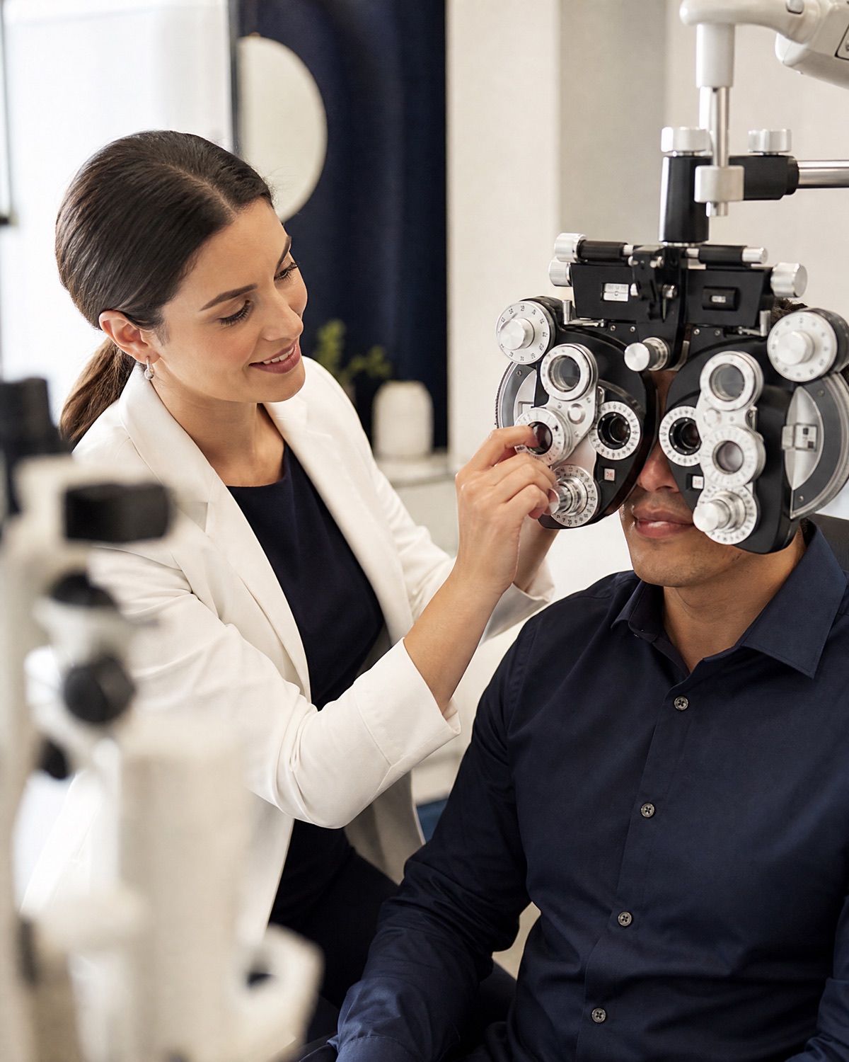 Optometrista realizando un examen de la vista