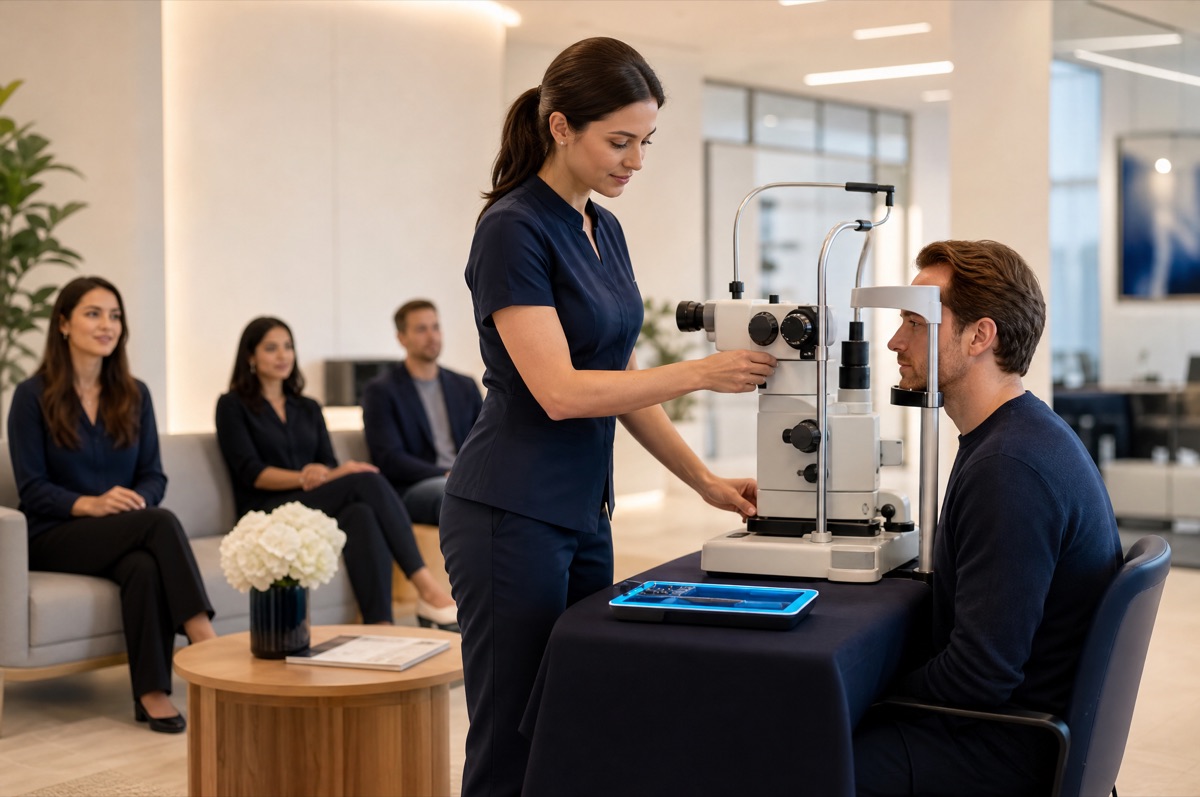 Optometrista con una estación de examen en una oficina